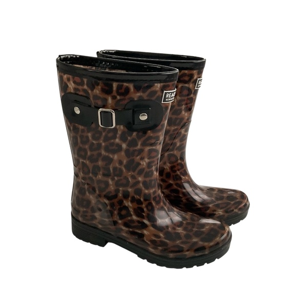 Kenneth Cole Reaction Rain Buckle Boot Sz 5 Brown Animal Print Glossy Waterproof - Picture 1 of 9